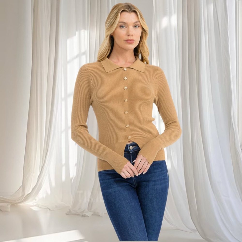 Ribbed Knit Stretch Top with Embellished Buttons